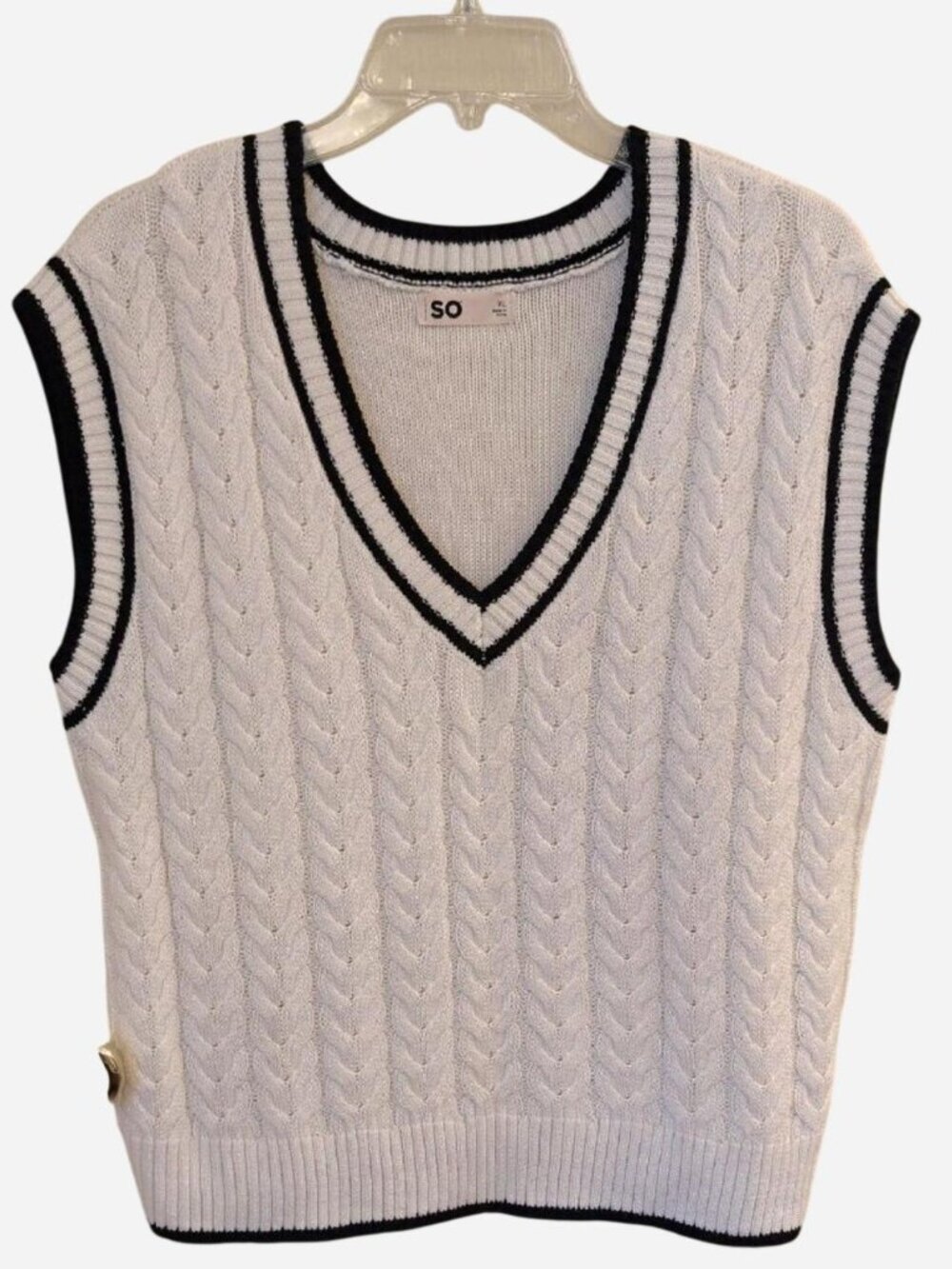 SO White Cable Knit V-Neck Sweater Vest Black Trim XL